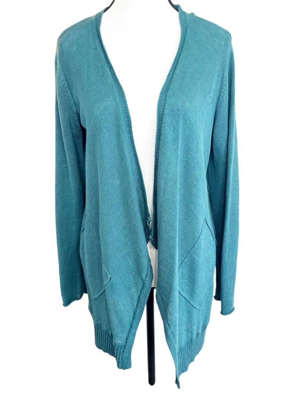 EILEEN FISHER 100% Linen Open Front Cardigan Long Lightweight Teal Small